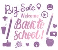 Set Welcome Back To School, Big Sale hand Lettering with icons. Vector children`s design in modern colors. Royalty Free Stock Photo