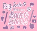 Vector Set Welcome Back To School, Big Sale hand Lettering with icons. Kids design in pink and purple modern colors. Royalty Free Stock Photo