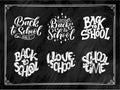 Set of Welcome back to school lettering quotes. Back to school sale tag. Hand drawn lettering badges. Typography emblem set. Chalk