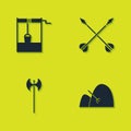 Set Well with bucket, Bale of hay and rake, Medieval axe and crossed arrows icon. Vector
