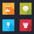 Set Well with bucket, Skull, Medieval goblet and Castle tower icon. Vector