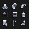 Set Well with bucket, Water tap, Washing hands soap, Big bottle clean water, Glass, Shower, and drop icon. Vector Royalty Free Stock Photo