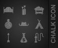 Set Western cowboy hat, Money bag, Leather whip, Indian teepee or wigwam, Crossed arrows, Canteen water bottle, Coal