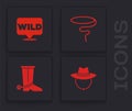 Set Western cowboy hat, Pointer to wild west, Lasso and Cowboy boot icon. Vector Royalty Free Stock Photo