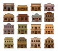Set of western houses. Old wild west saloon buildings with swinging doors flar vector illustration