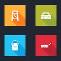 Set Wet floor and cleaning in progress, Brush for, Bucket with rag and icon. Vector Royalty Free Stock Photo