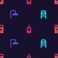Set Wet floor and cleaning in progress, Shower head, Hand sanitizer bottle and Washer on seamless pattern. Vector Royalty Free Stock Photo