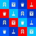 Set Wet floor and cleaning in progress, Washer, Bucket with rag and Handle broom icon. Vector Royalty Free Stock Photo