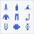 Set Wetsuit, Fish, Compass, Snorkel, Gauge scale, Floating buoy on the sea and Octopus icon. Vector Royalty Free Stock Photo