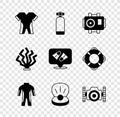 Set Wetsuit for scuba diving, Aqualung, Photo camera diver, Pearl, Coral and Flippers swimming icon. Vector