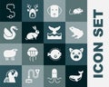 Set Whale, Cat, Frog, Dog, Rabbit, Swan bird, Worm and tail in ocean wave icon. Vector