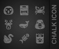 Set Whale, Fish skeleton, Bag of food, Goose bird, Swan, Deer head with antlers, Crab and Owl icon. Vector