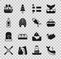 Set Whale, Map of Iceland, Hotdog sandwich, Flag, Fish steak, Bottle vodka, Cruise ship and icon. Vector