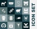 Set Whale tail in ocean wave, Deer head with antlers, Dog bone, Worm, Fish skeleton, Snake, Horse and Sheep icon. Vector