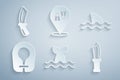 Set Whale tail, Shark, Life jacket, Diving knife, Flippers for swimming and icon. Vector Royalty Free Stock Photo