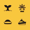 Set Whale tail, Speedboat, Sailor hat and Ship steering wheel icon with long shadow. Vector
