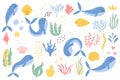 Set with whales, algae and shells. Childish hand drawn set of cute whales. Undersea world