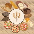 set of wheat cartoon food bread, rye bread, ciabatta, wheat bread, pizza