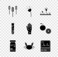 Set Wheat, Flower producing pollen, Mold, Medicine bottle and pills, Crab, Monitor with cardiogram, Test tube flask and