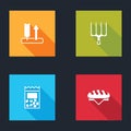 Set Wheat, Garden pitchfork, Pack full of seeds of plant and Bread loaf icon. Vector