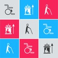 Set Wheelchair, Elevator for disabled and Blind human holding stick icon. Vector