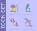 Set Wheelchair, Elevator for disabled, Prosthesis hand and Grandmother icon. Vector