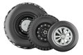 Set of wheels, for car and trucks. Auto wheels of various sizes, 3D rendering Royalty Free Stock Photo