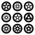 A set of wheels for cars. Wheel silhouettes