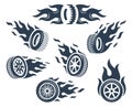 Set of wheels silhouettes with flame Royalty Free Stock Photo