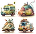 Set of whimsical cartoon ornate vintage retro cars, isolated on white. Watercolor illustration Royalty Free Stock Photo