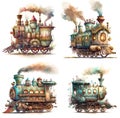 Set of whimsical cute cartoon ornate vintage train locomotives, isolated on white. Digital watercolor illustration