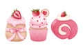 Set of whimsical watercolor valentine strawberry dessert clipart.Cake,Swiss roll cake,Cupcake,Muffin
