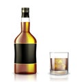 Set of whiskey, rum, bourbon or cognac glasses and bottle with Alcohol mockup. Realistic Transparent Drink bottle