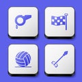 Set Whistle, Checkered flag, Volleyball ball and Medieval arrows icon. White square button. Vector