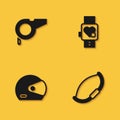 Set Whistle, Medieval bow, Racing helmet and Smart watch with heart icon with long shadow. Vector