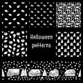 Set of black-white autumn Halloween patterns with houses, trees, pumpkins, spiders, web, leaves, mushrooms on black backgroung for Royalty Free Stock Photo