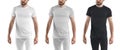 Set of white, black amd grey heather mockup compression pants and t-shirt on a sporty man with a beard, for design, pattern,