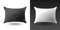 Set of white and black pillows. Realistic mock up soft square, comfortable pillow. Isolated vector object on a white and black Royalty Free Stock Photo