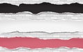 Set of white, black and red horizontal ripped paper strips, torn note paper for text or message on brick wall background Royalty Free Stock Photo