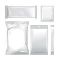 Set of white blank foil bag packaging for food, snack, coffee, cocoa, sweets, crackers, chips, nuts, sugar. Vector