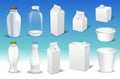 Set of white blank realistic dairy packaging including plastic bottles and carton packets isolated vector illustration