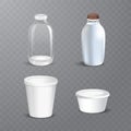 Set of white blank realistic dairy packaging including plastic bottles and carton packets isolated vector illustration