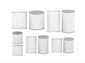 Set of white blank tin cans in various sizes, clipping path incl