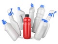 Set of white bottles and one red bottl with detergents