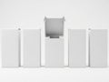 Set of white boxes isolated on white background revealing an empty interior, while the other four boxes are closed Royalty Free Stock Photo