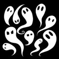 Set of white cartoon ghosts with emotions on black background. Spirits in different forms. Halloween elements for decorating. Royalty Free Stock Photo