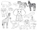 Set of white cartoon isolated outline Savannah animals. Tiger, lion, rhinoceros, common warthog, African buffalo, tortoise, Royalty Free Stock Photo