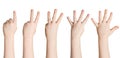 Set of white child hands showing figures, counting Royalty Free Stock Photo