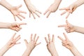 Set of white child hands showing figures, counting Royalty Free Stock Photo