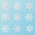 Set of 9 white Christmas snowflakes paper art on transparent background for winter holiday design element